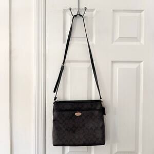 Coach Signature File Slim Crossbody Brown Black Coated Canvas Signature CC Bag